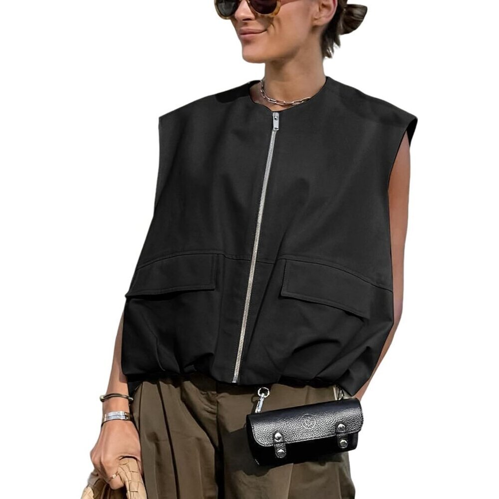 Women's Oversized Zip Up Cargo Vest Sleeveless Blazer Pockets Casual